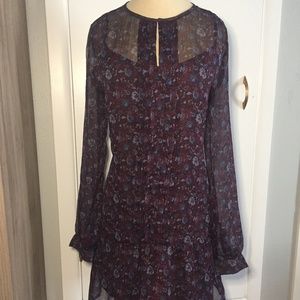 Ruffled Front Floral Purple Blue Long Sleeve Dress